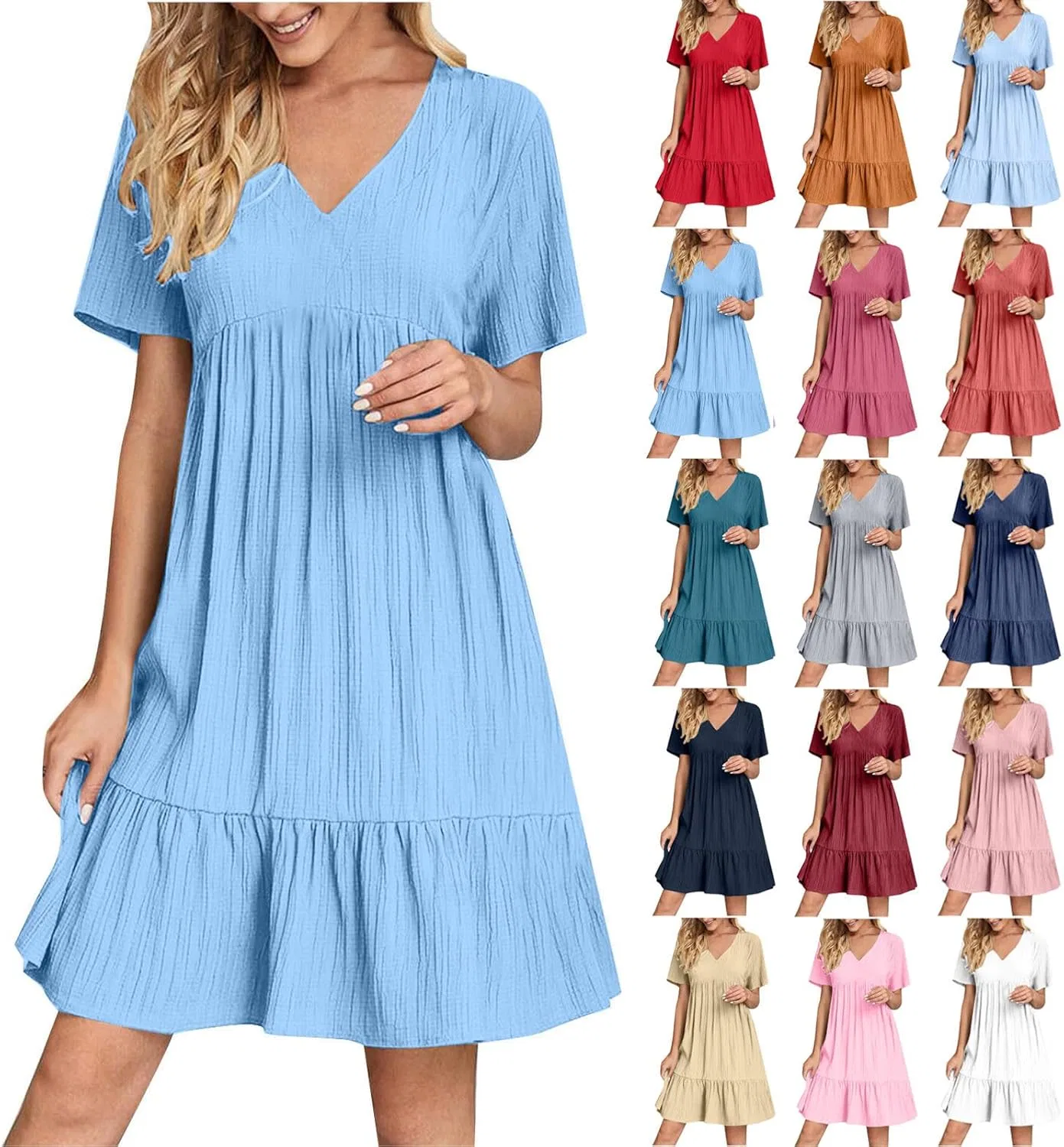 Женское летнее мини-платье с коротким рукавом A-line, Light Blue