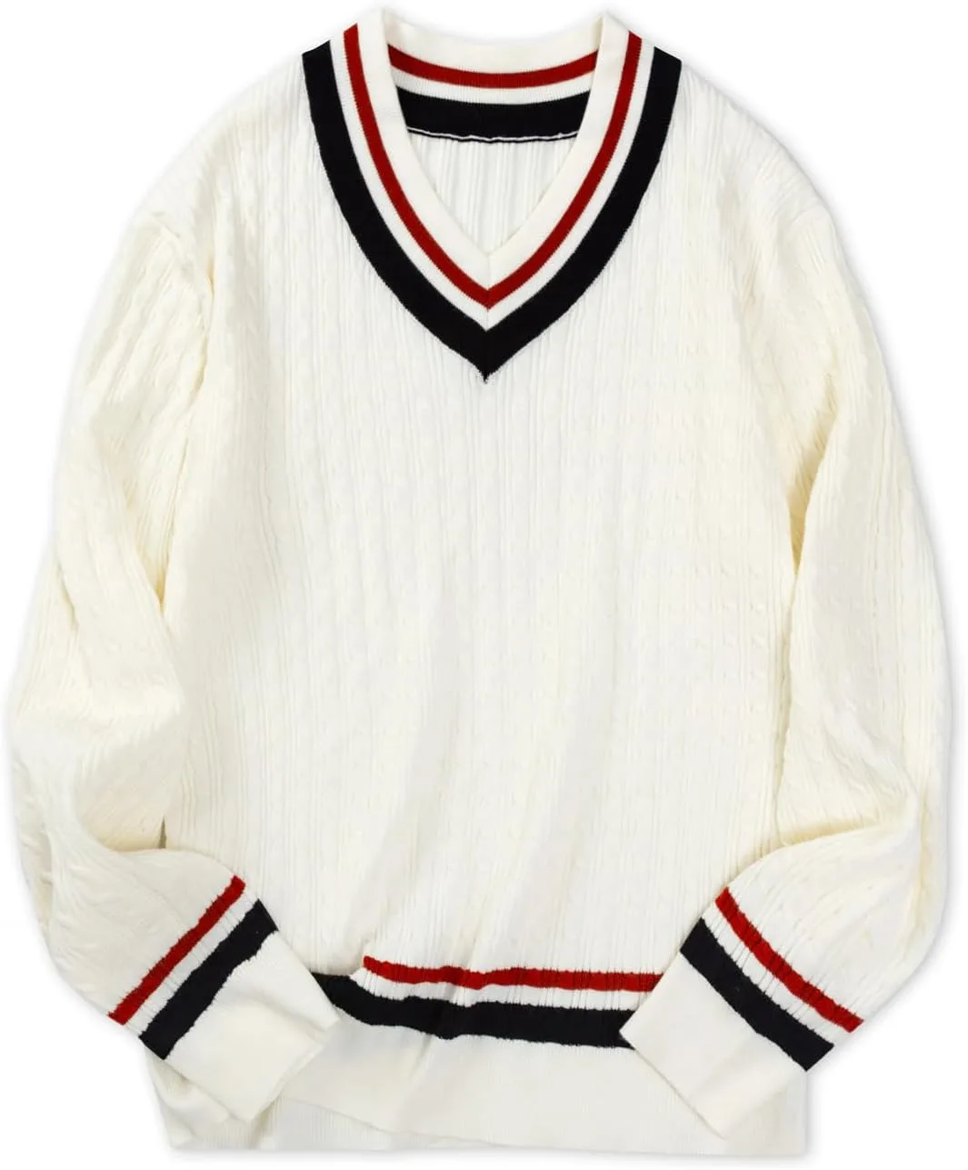 

Мужской свитер с V-образным вырезом — длинный рукав, кабельная вязка, белый yoomens