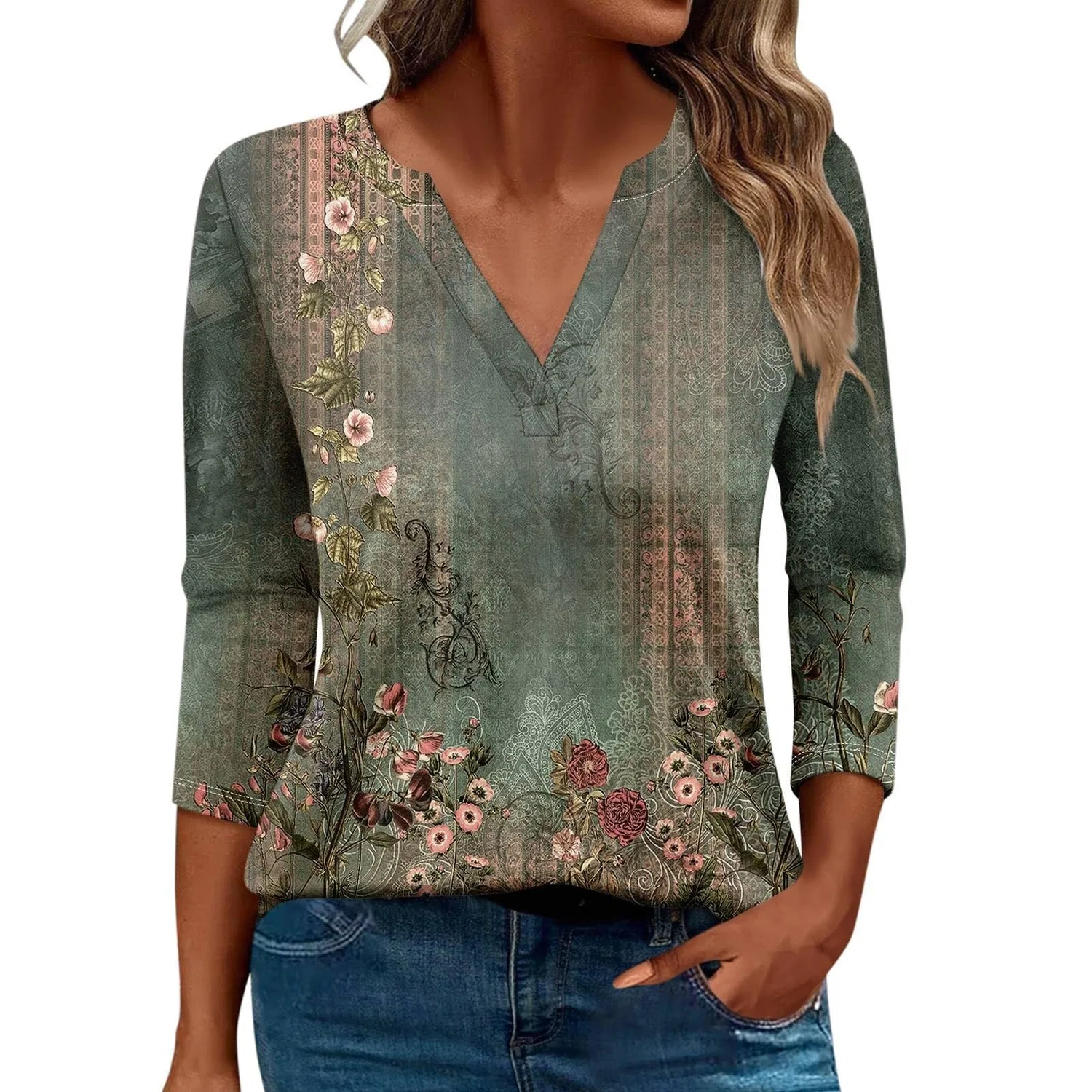 Женская блуза с принтом Women Blouses 3/4 Sleeve V Neck Casual Elegant Summer Boho Floral Print Blouses, 29#bronzo