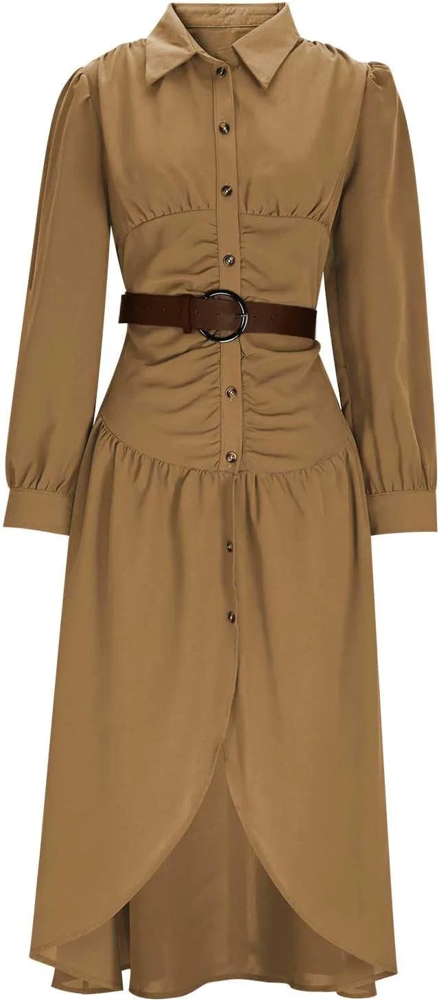 Женское длинное платье с рубашечным воротником Western, Khaki — фото 4