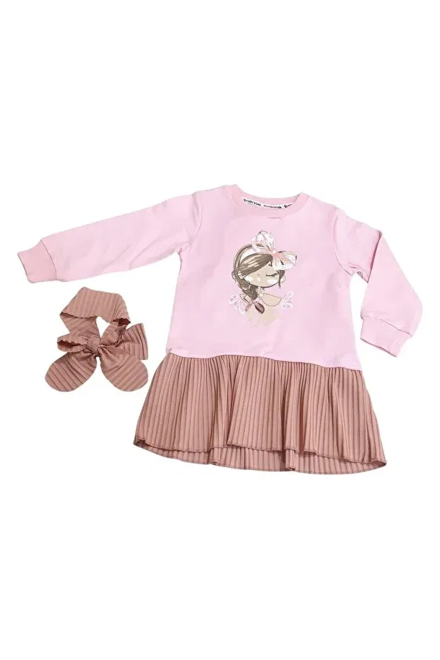 Детский комплект платьев для девочек с принтом Cho Bella Double Baby Girl Children's Dress with Hairband Sönmez Baby, Pink