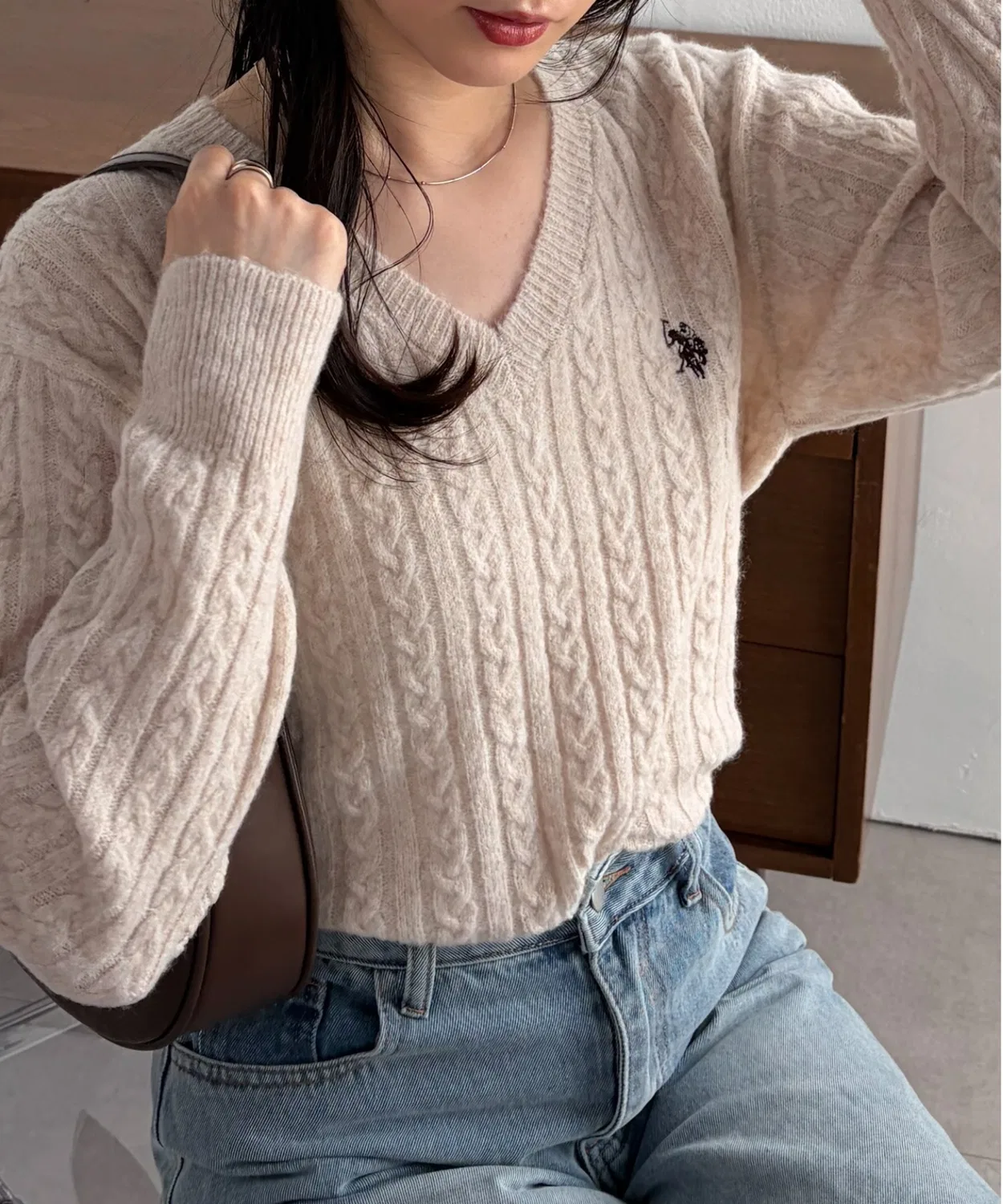 Женский пуловер с V-образным вырезом с принтом U.S. POLO ASSN., Beige