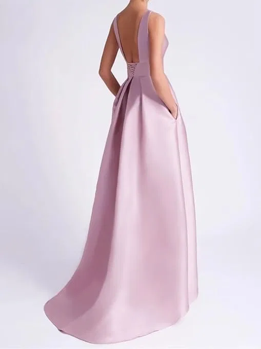Женское атласное платье с 3D цветами V-образным вырезом, Pink — фото 4