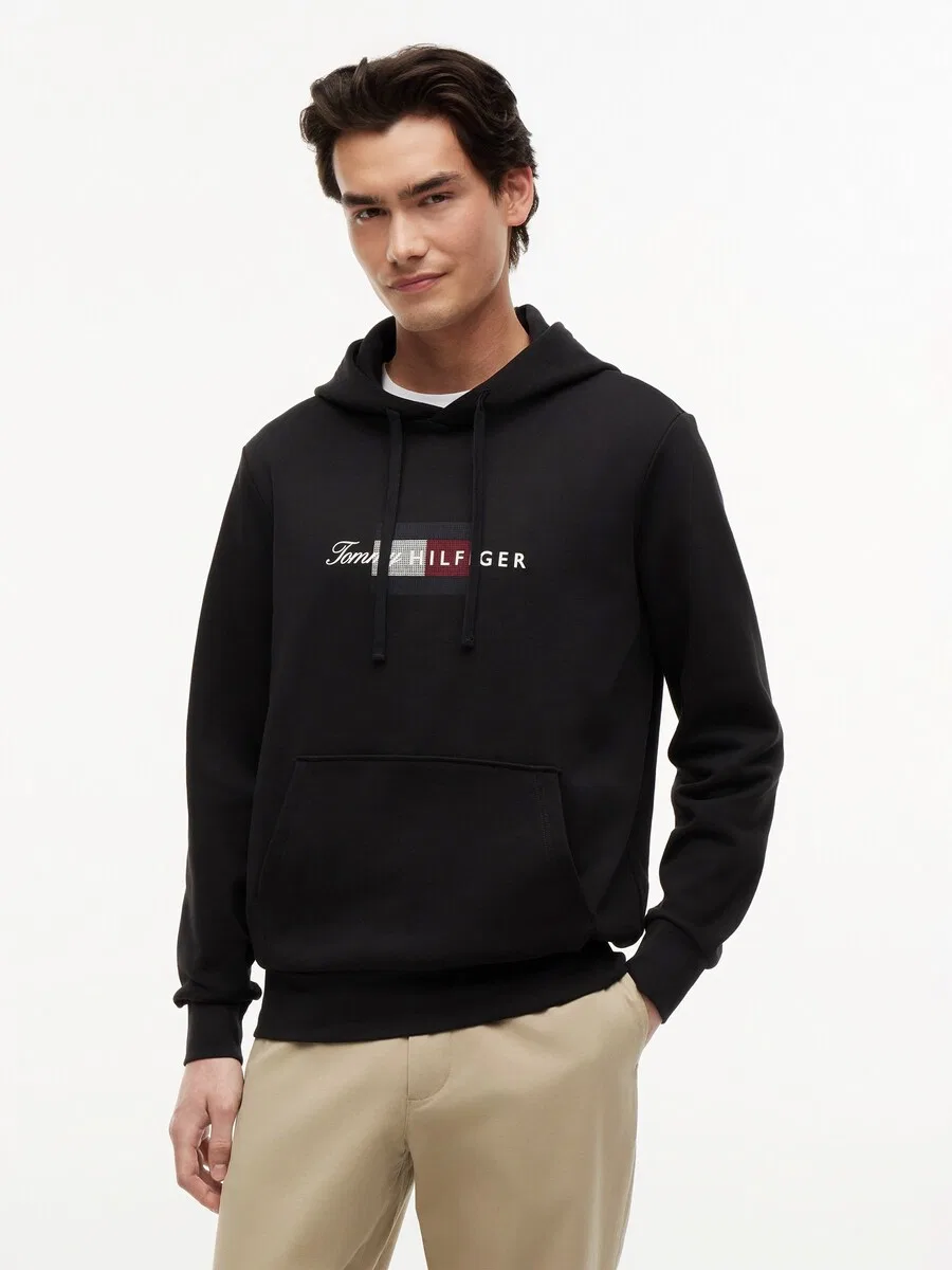 Толстовка TOMMY HILFIGER с принтом флага и завязками, черная — фото 3