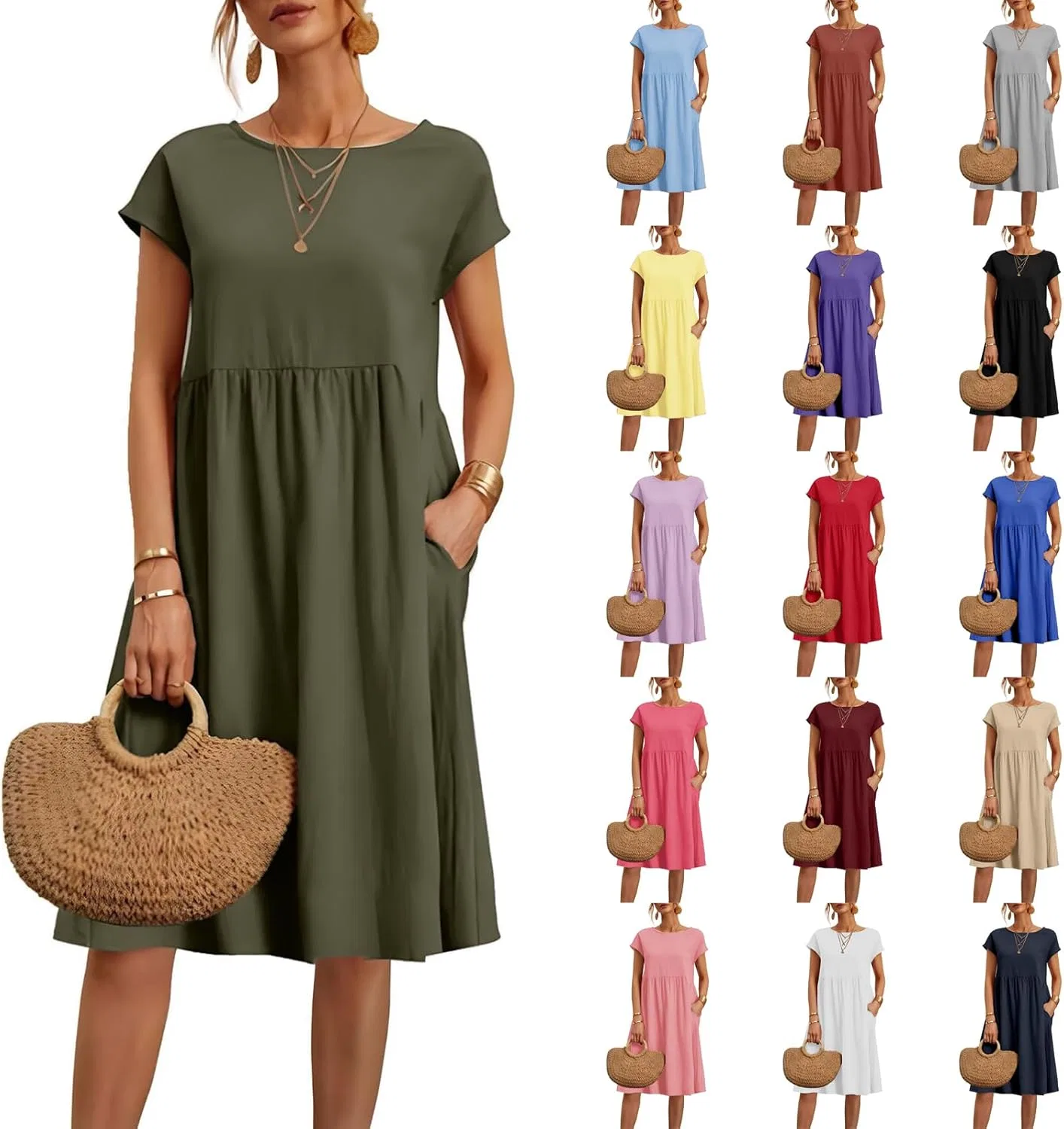 Женское льняное макси-платье с коротким рукавом casual, Green