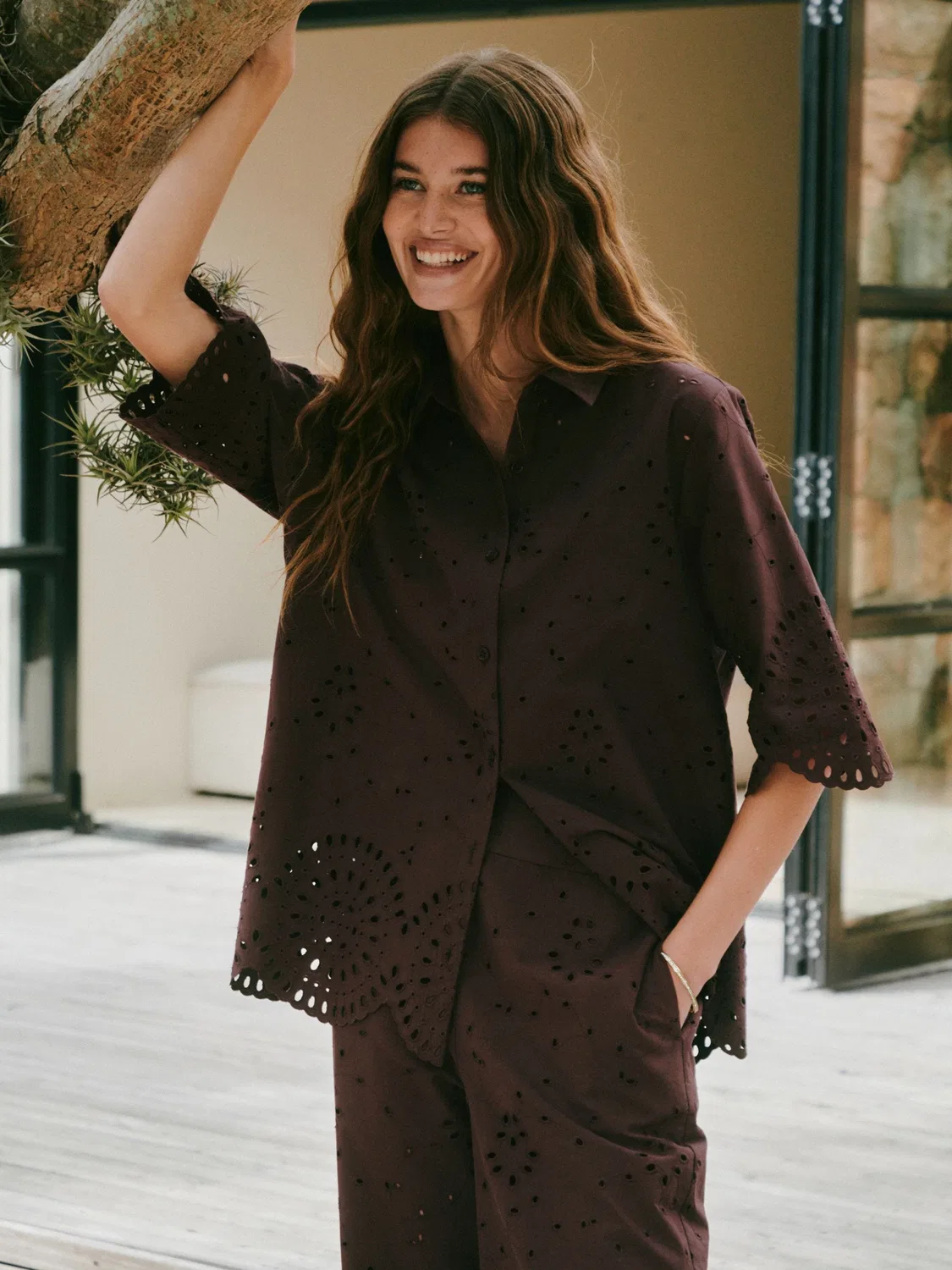 Блуза с вышивкой, 3/4 рукав, Premium Broderie Next, шоколадно-коричневый — фото 4