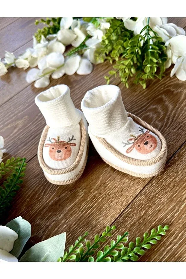 Детские пинетки для новорожденных с принтом Newborn baby booties deer Renkli Puset, Ecru