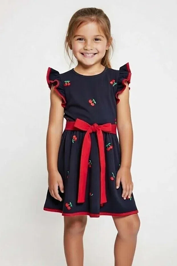 Детское платье для девочек хлопковое Cherry Print And Ruffle Sleeveless Waist Tie Navy Blue Dress Arydy, Navy Blue — фото 4