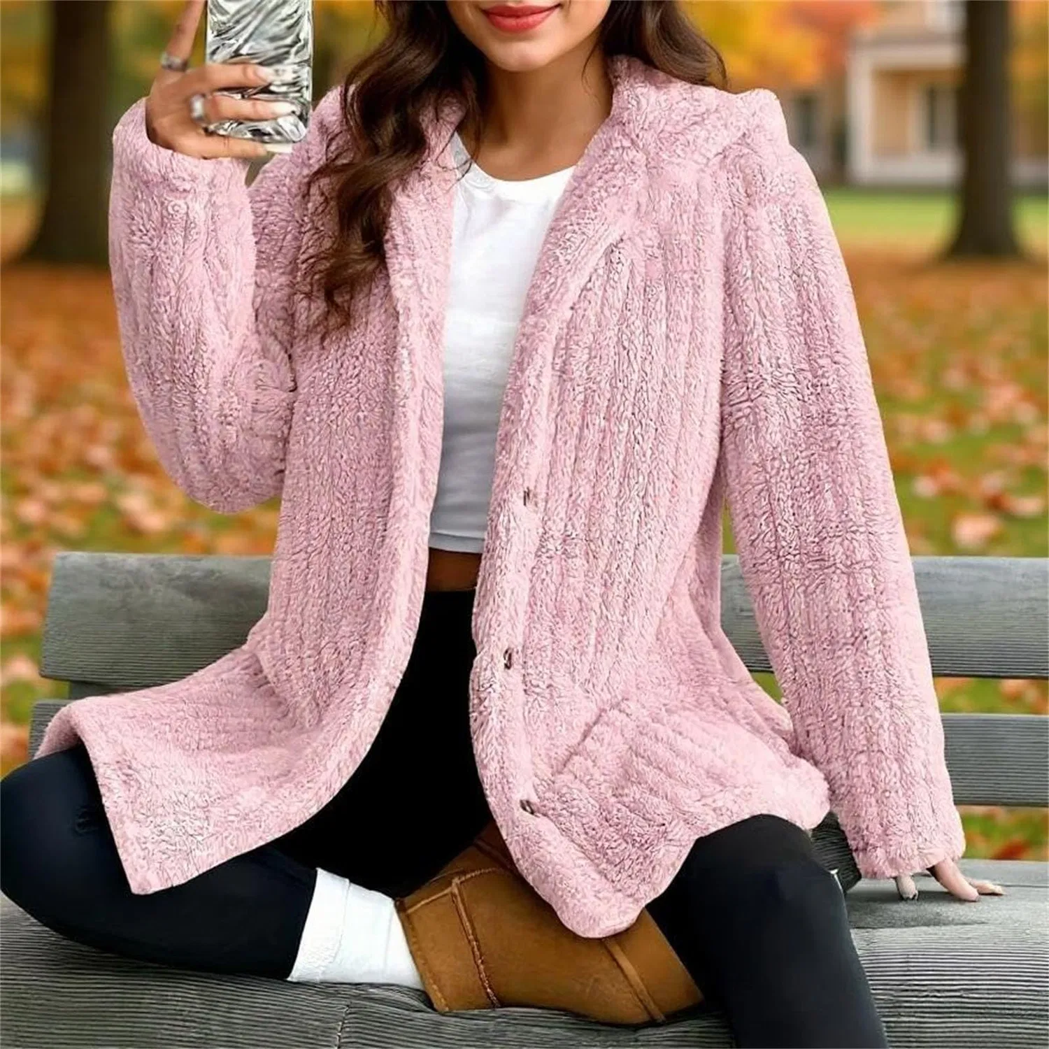 Женское пальто из флиса с капюшоном, оверсайз, на пуговицах, rosa — фото 2