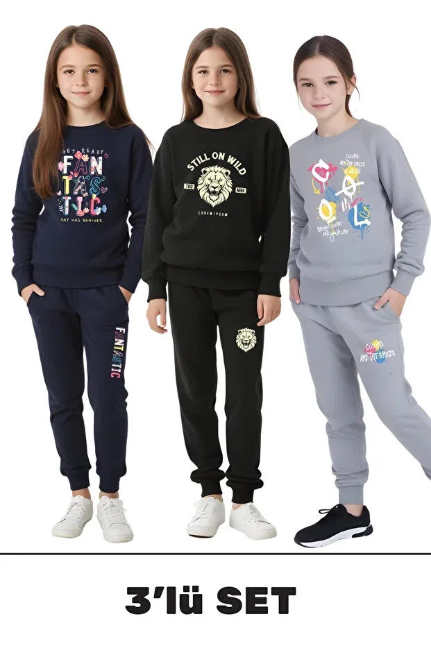 Детский спортивный комплект для девочек с принтом Fyk Kids, Black-Grey-Navy Blue