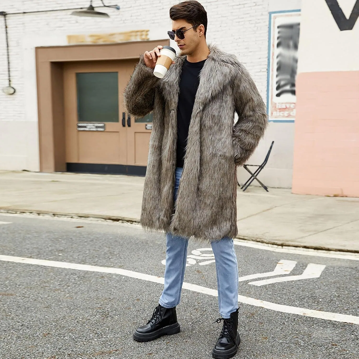 Мужское длинное пальто из искусственного меха, модель Winter Long Fleece, кофейный — фото 4