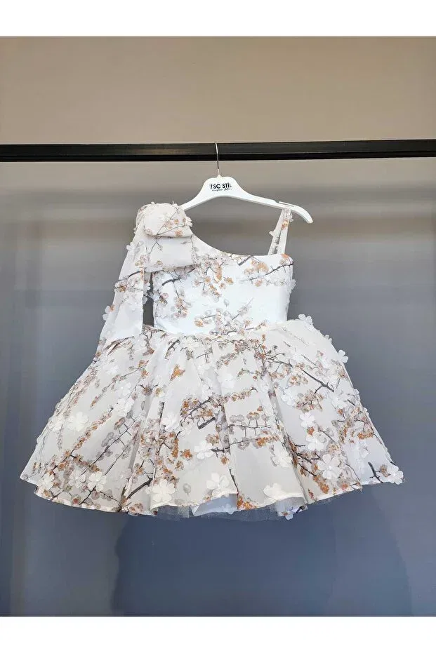 Детское платье для девочек с принтом Three-Dimensional Floral Patterned One-Shoulder Scstil, Beige — фото 4