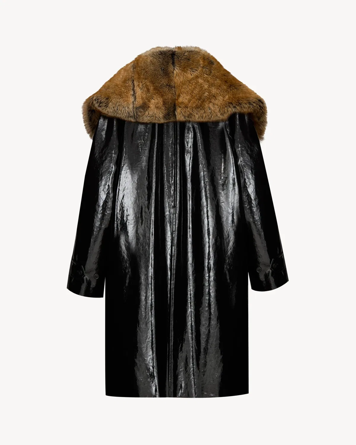 Пальто-кокон из лакированного канваса и овчины SAINT LAURENT, черный — фото 3