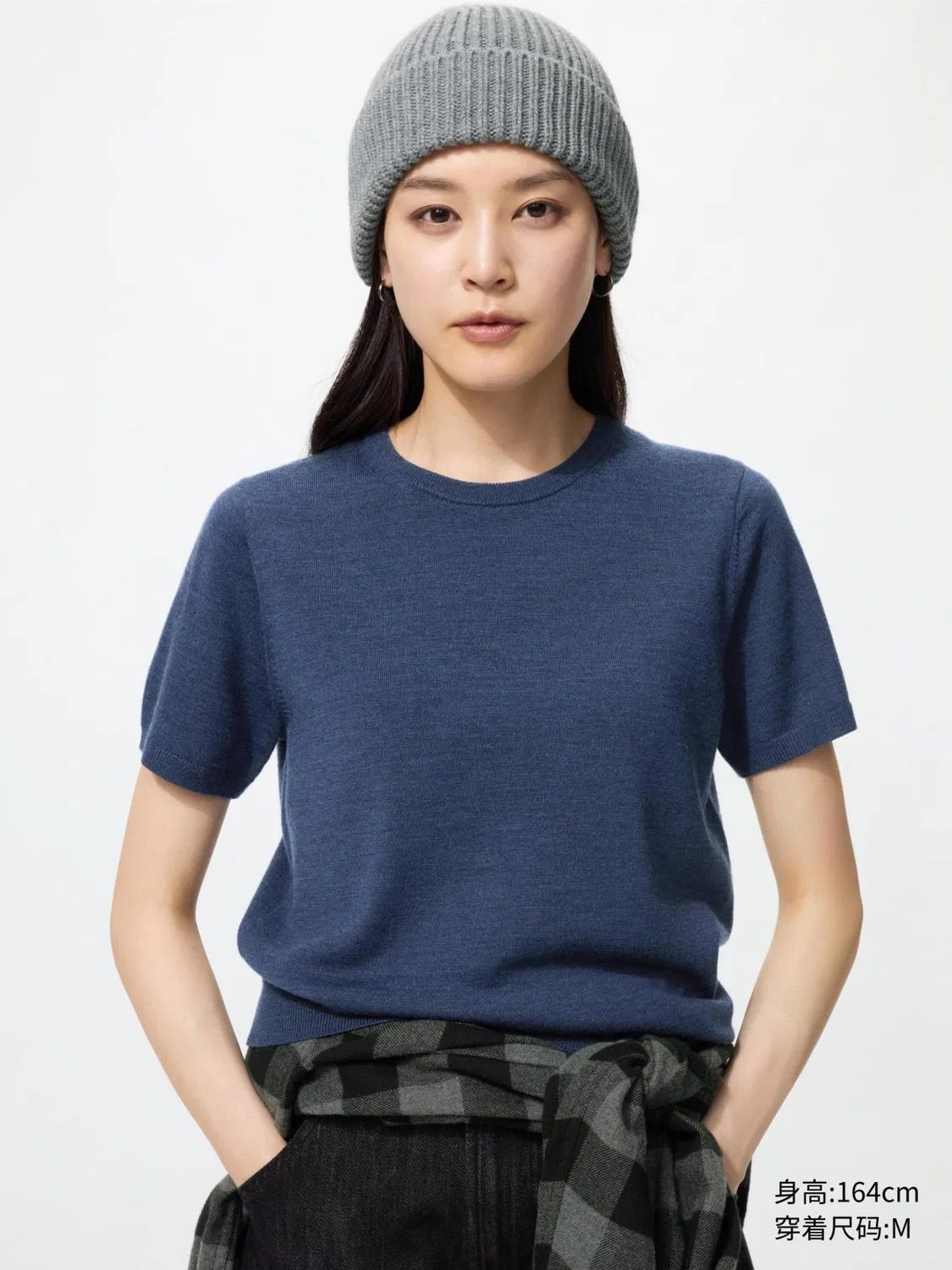 Свитер из мериносовой шерсти с коротким рукавом Uniqlo, синий