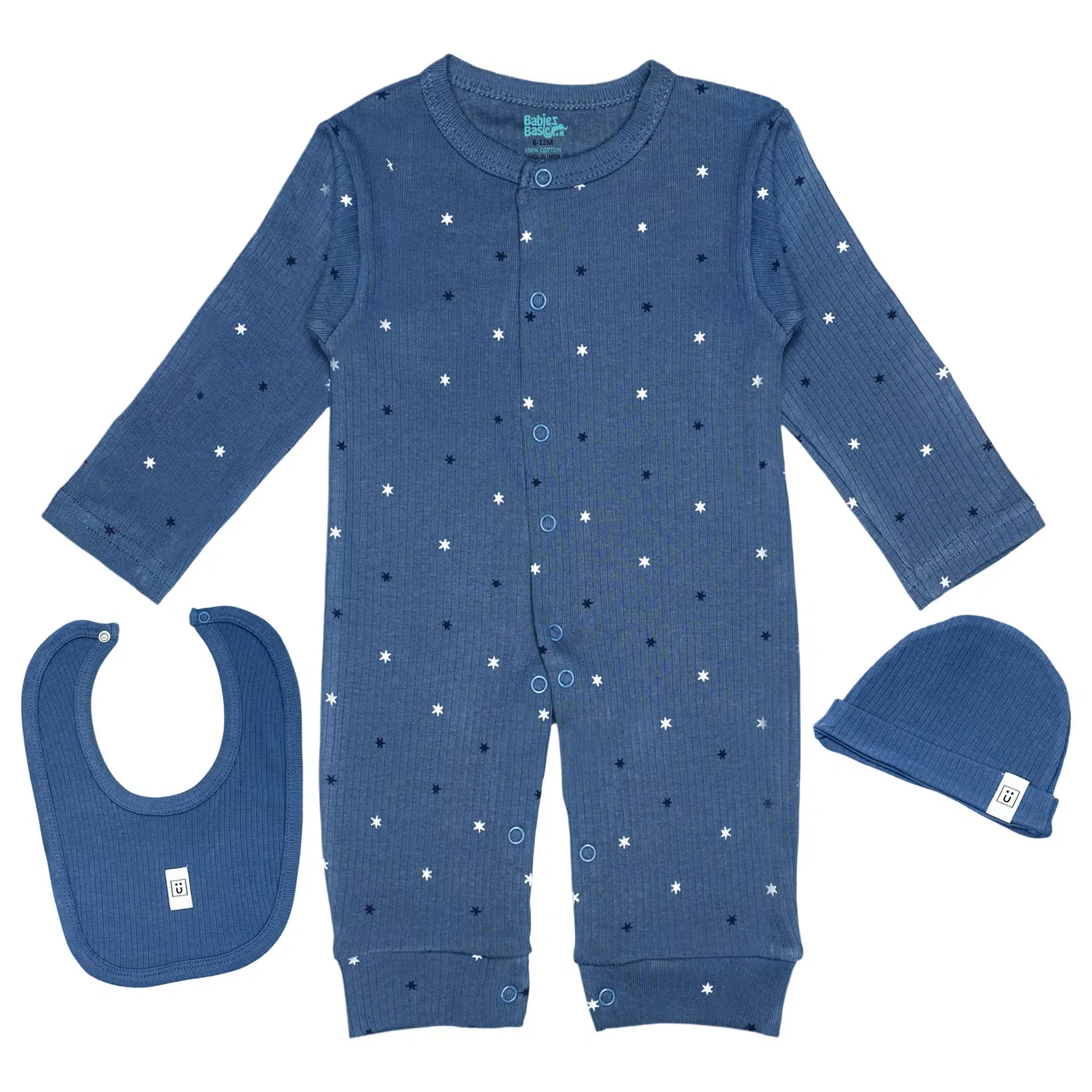 Комплект из риба с комбинезоном, шапочкой и слюнявчиком Babies Basic, синий