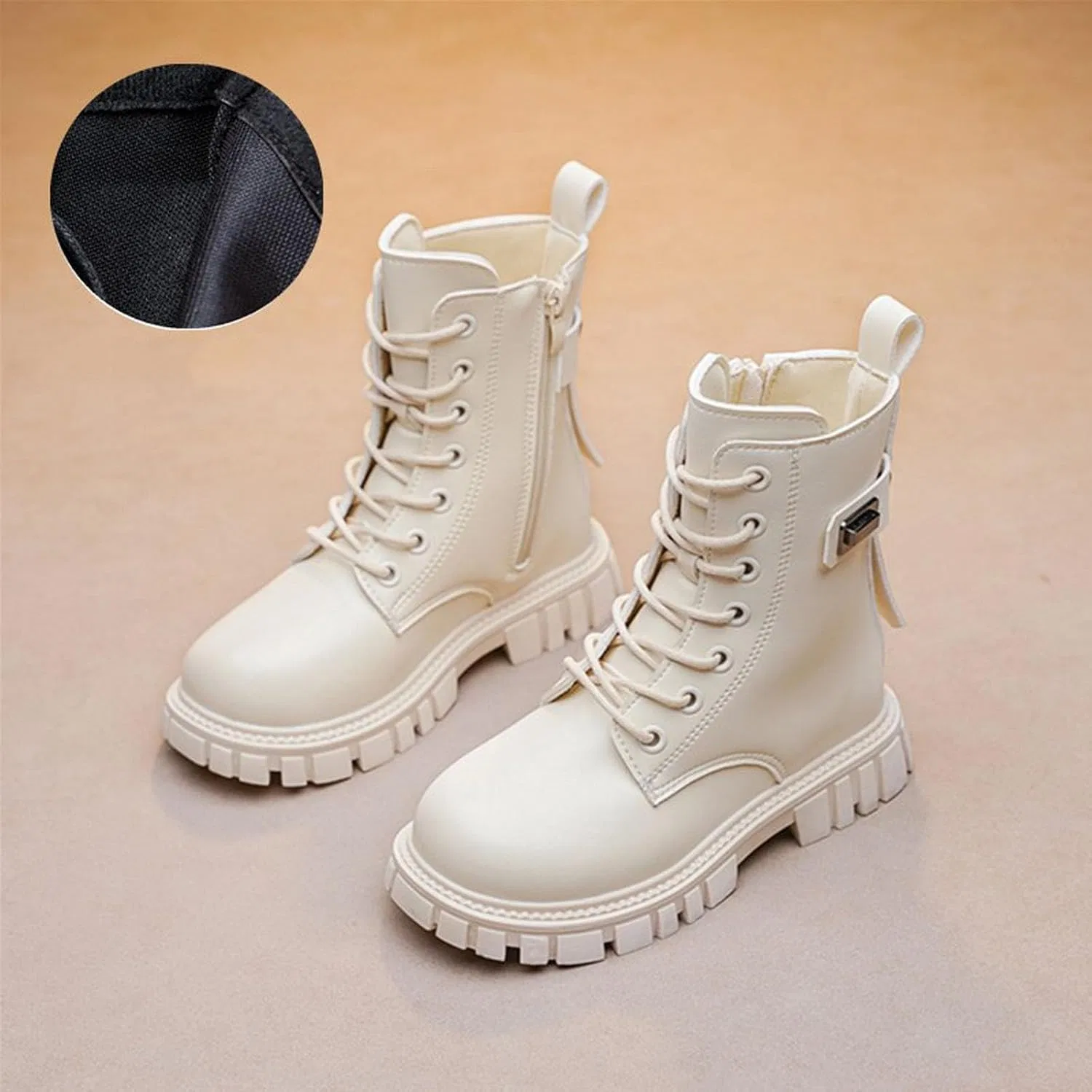 Детские ботинки для девочек на шнуровке с боковой молнией, модель Buckle Style, Beige — фото 2