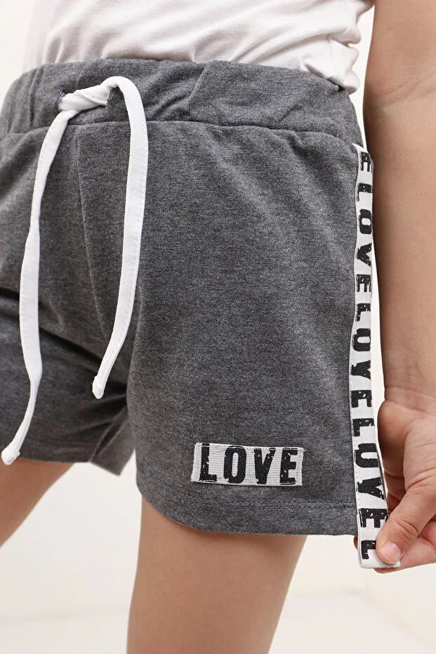 Детские шорты для девочек с принтом Love Stripe Detailed Toontoy, Anthracite Melange — фото 2