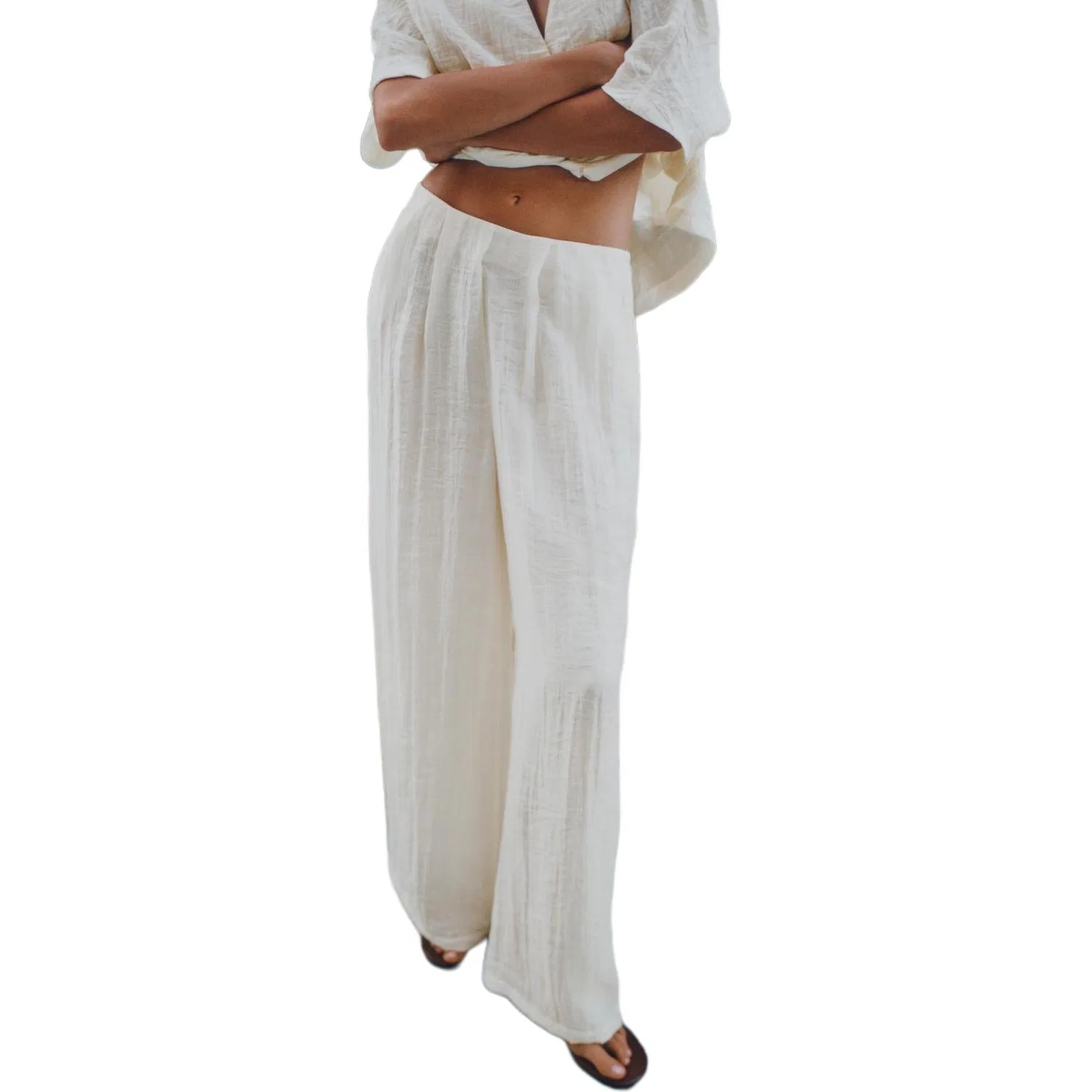 Женские брюки свободного кроя с широкой штаниной White ZARA, Raw White — фото 4