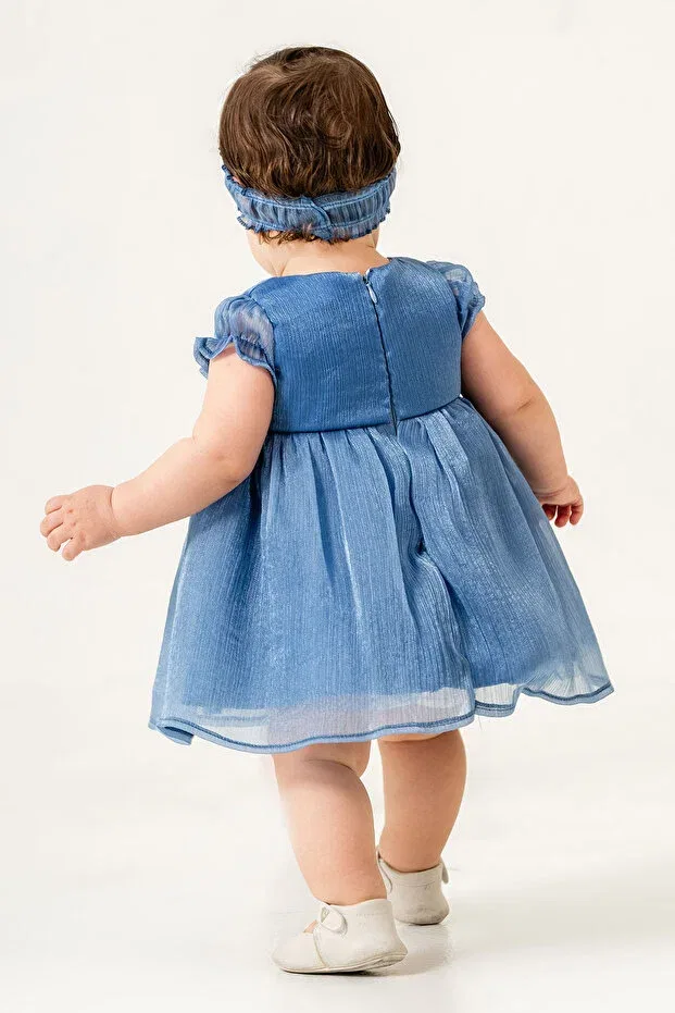 Детское платье для девочек с коротким рукавом Baby girl dress with ribbon detail special occasion dress with bandana gift Eray Kids, Blue — фото 3