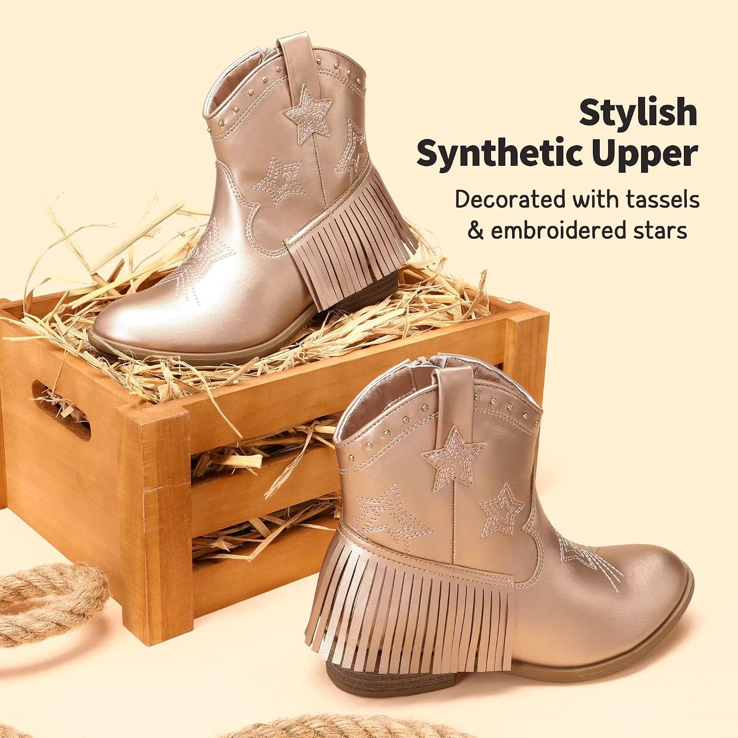 Детские сапоги для девочек с ковбойским стилем DREAM PAIRS, Rose Gold — фото 3