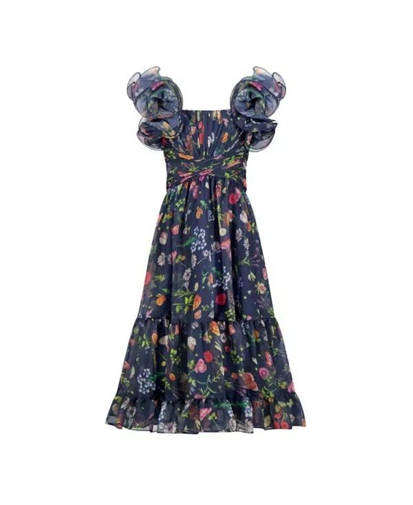 Детское платье для девочек с принтом Ruffle Shoulder Chiffon Gown Mac DUGGal, Midnight Multi — фото 2