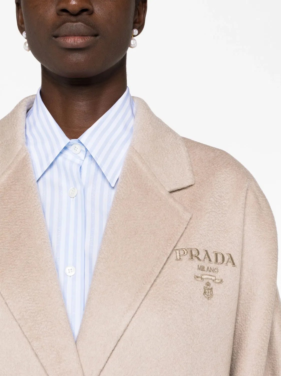 Пальто с вышитым логотипом из кашемира Prada, светлый бежевый — фото 3