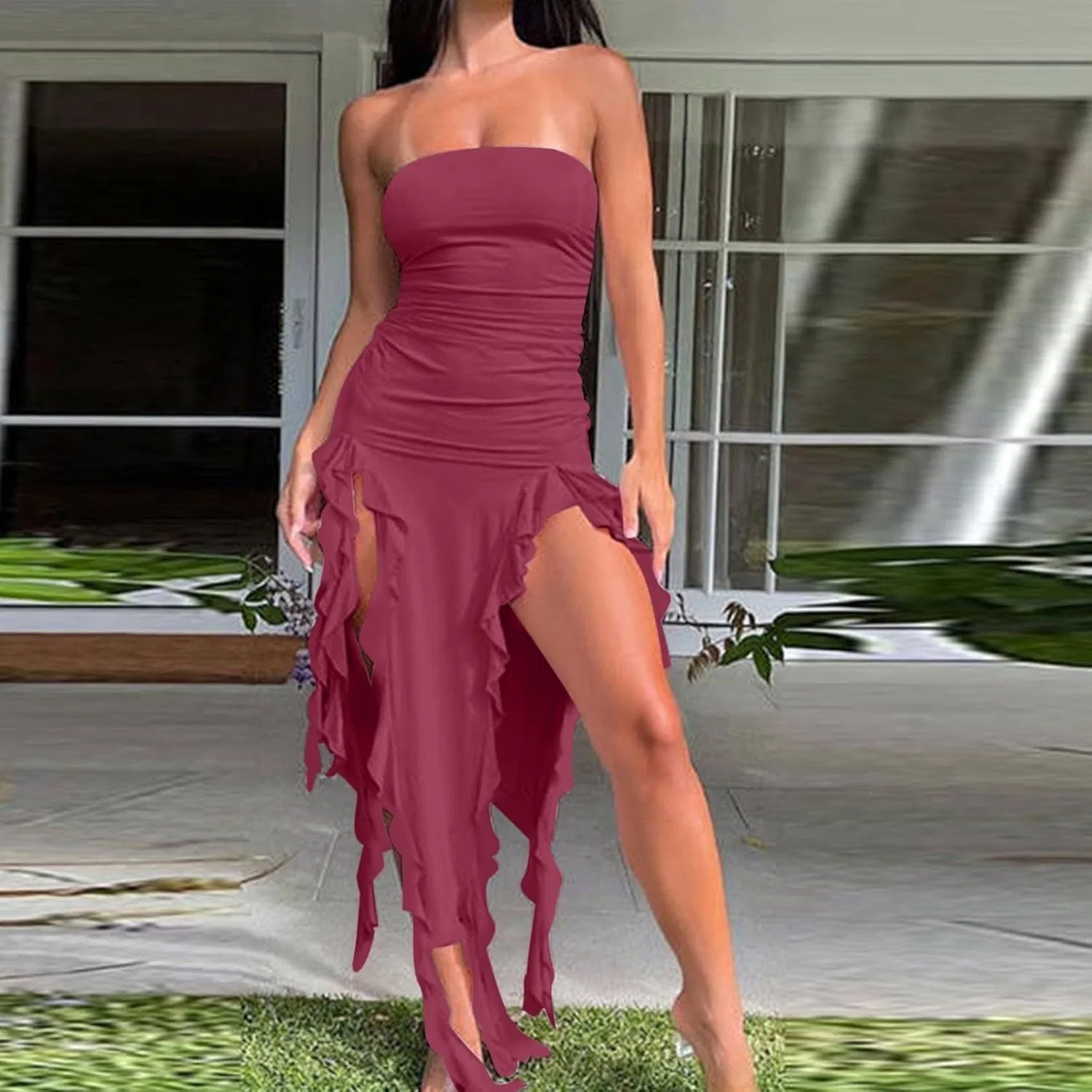Женское асимметричное миди-платье коктейльное Ruched Bodycon, Wine — фото 2