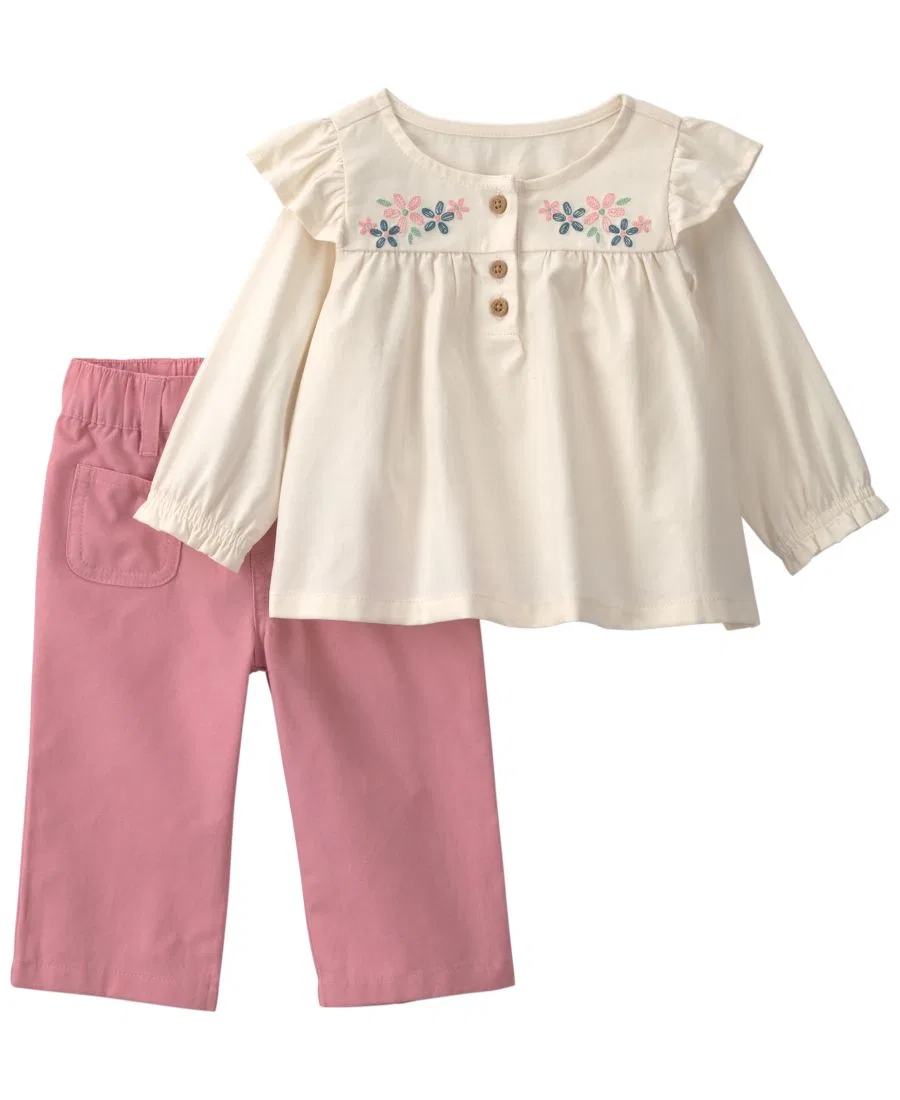 Комплект из топа с длинным рукавом и брюк, с цветочной вышивкой Carter's, Pink/Cream