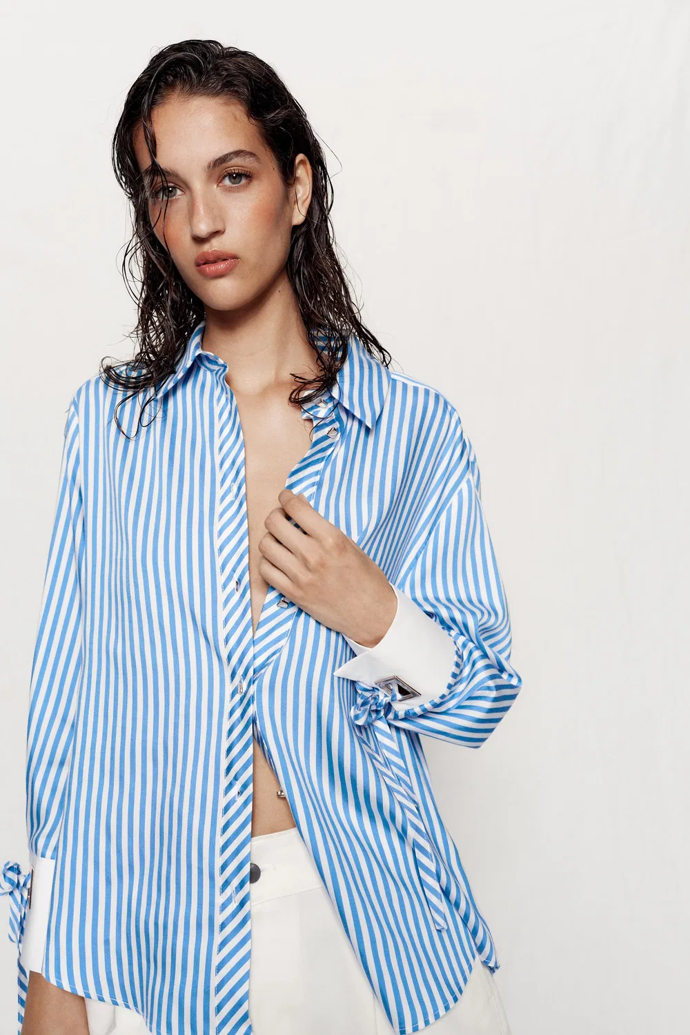 Рубашка в полоску с бантиками ZARA, Blue/White — фото 4