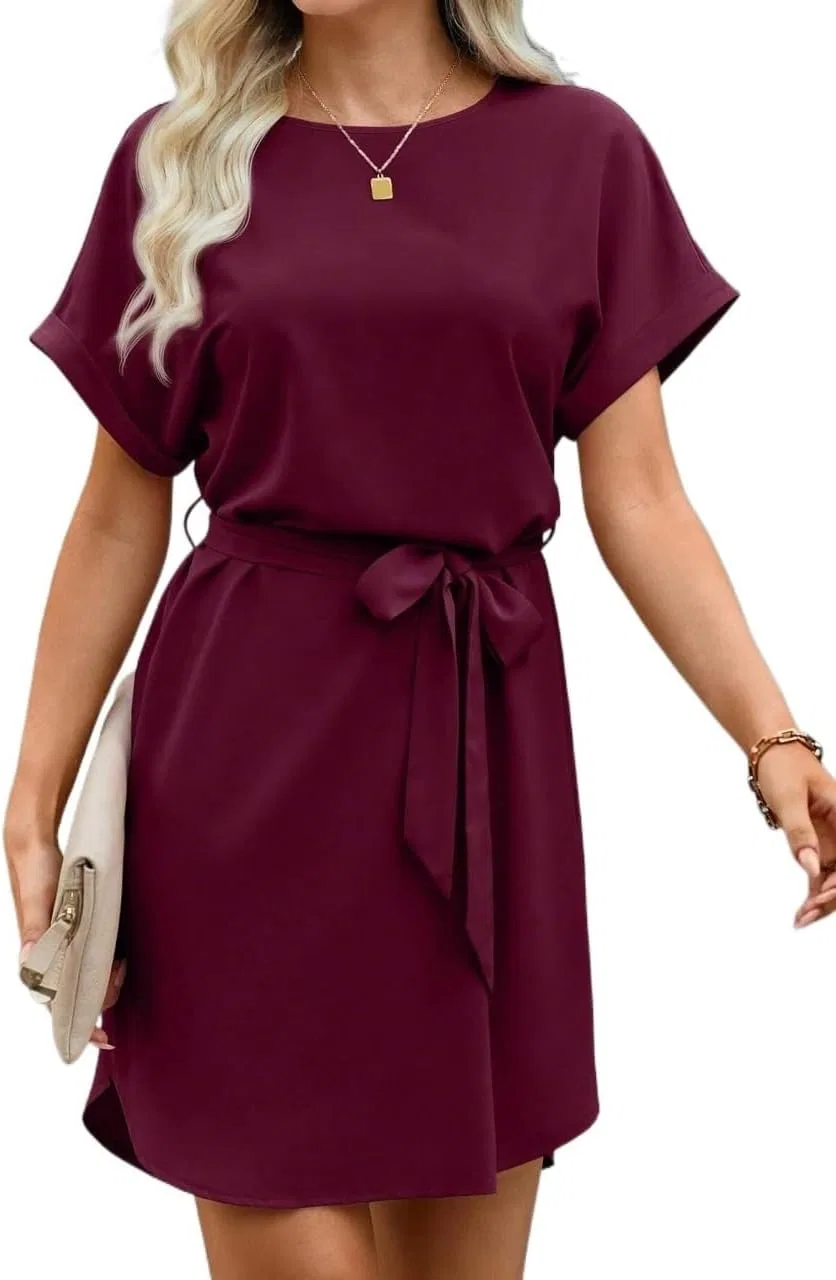 Женская туника с поясом с коротким рукавом Colorblock, Burgundy