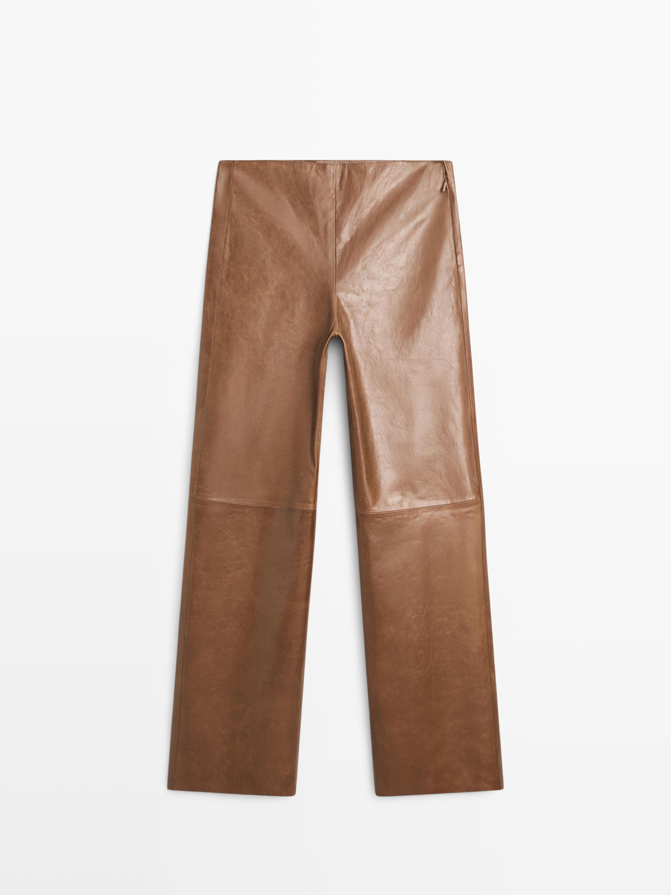 Брюки из глянцевой кожи наппа Massimo Dutti, camel — фото 2