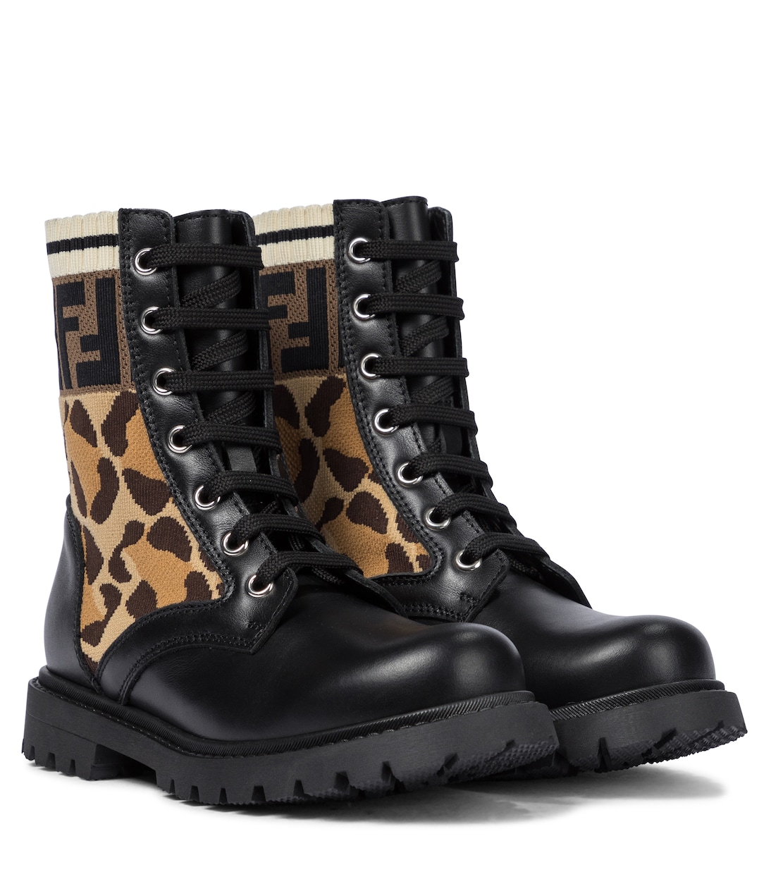 

Ботильоны FF из кожи и жаккарда с леопардовым принтом Fendi Kids, Nero+Avantab.Ner Ner