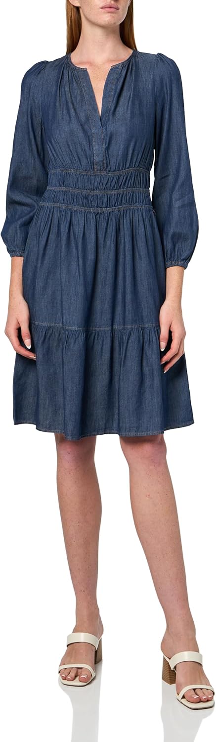 

Женское платье Tommy Hilfiger с длинными рукавами, разрезом на горловине, приталенное и расклешенное, Dark Wash