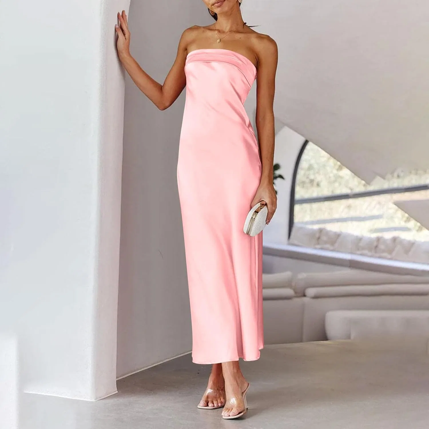 Женское сатиновое вечернее платье Bodycon Satin Evening Dress, Pink — фото 2