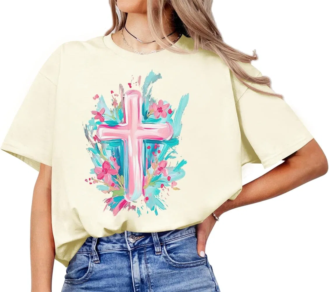 Женская футболка с цветочным крестом Easter Cross with Florals, Creamy Yellow
