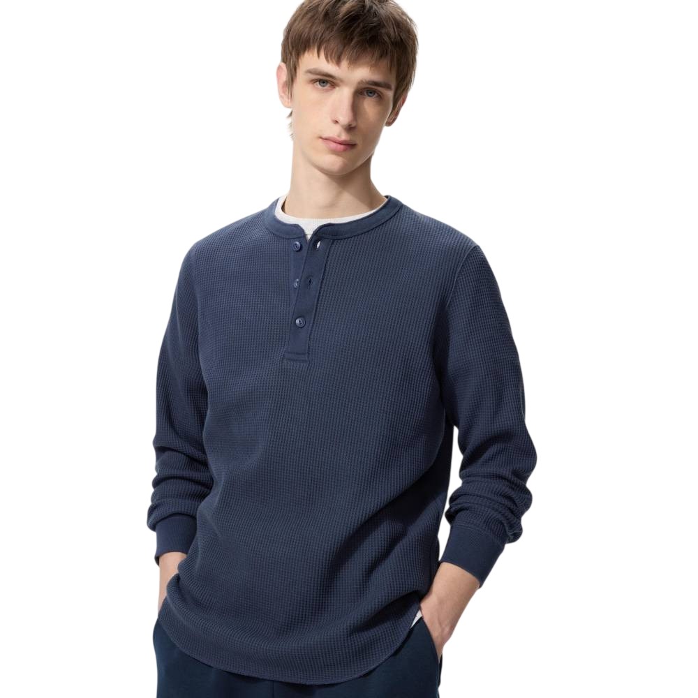 Лонгслив Uniqlo Waffle Henley Neck T-Shirt Unisex, 65 синий