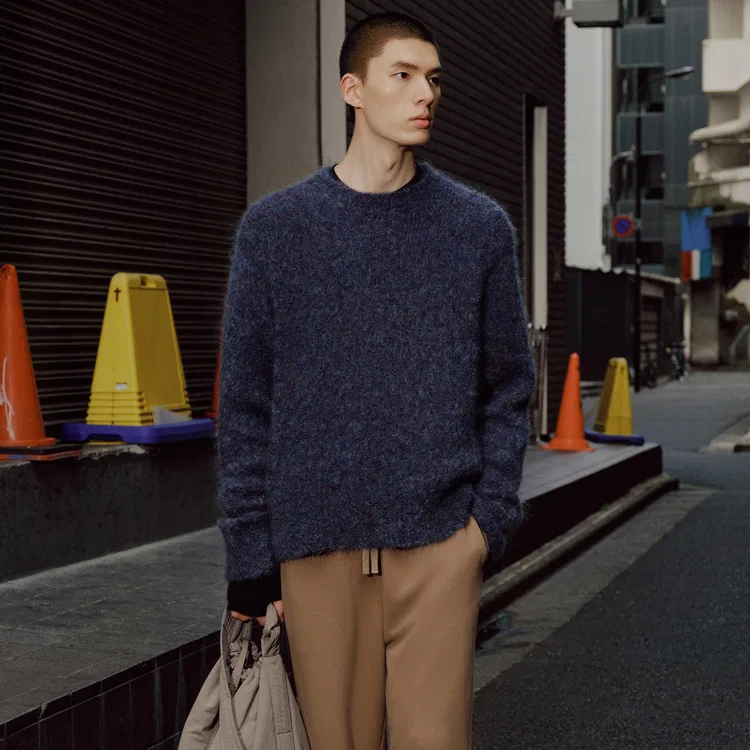 Детский пуловер с воротником-стойкой Mohair Blend Pullover Crew Neck Floral Yarn Nice Rice, Heather Blue — фото 4