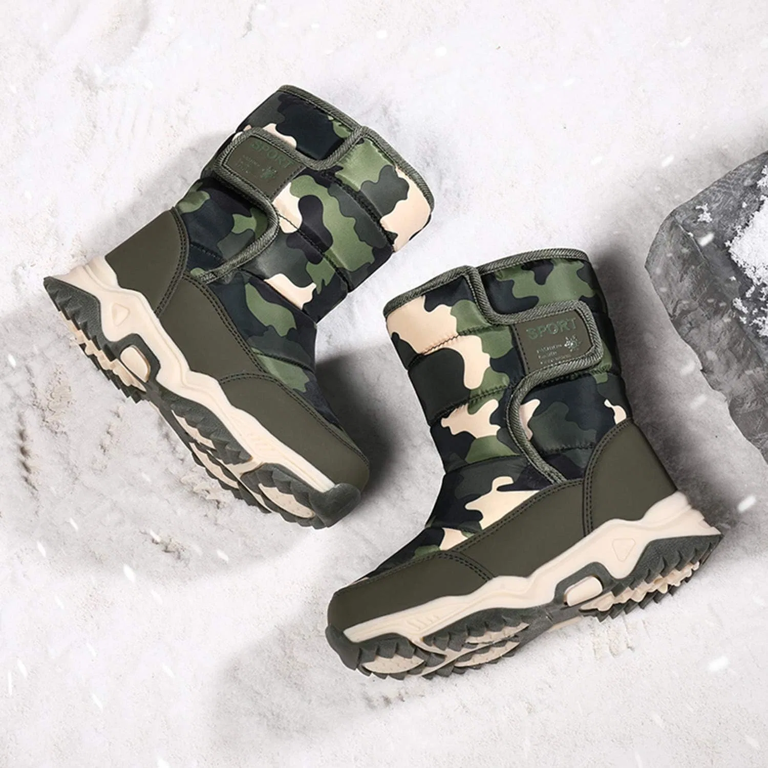 Детские зимние сапоги для мальчиков и девочек с мехом YUKTOPA, Green-Camo — фото 4
