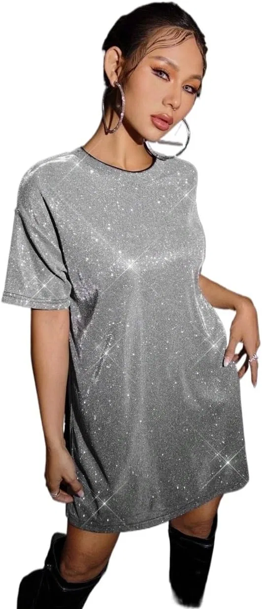 Женское мини-платье с пайетками свободного кроя Drop Shoulder, Silver — фото 3