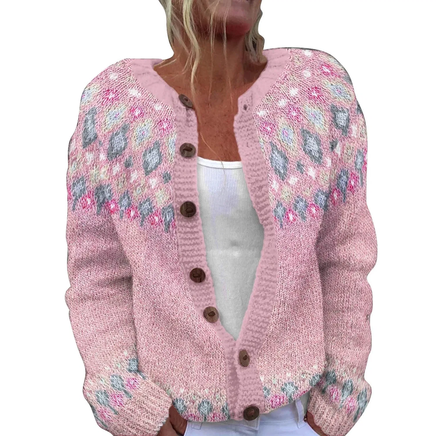 Женский кардиган с принтом, длинным рукавом, модель Print Long Sleeve Crewneck Sweaters Ribbed Buttons Ribbed Cuffs Sweater Short Cardigan Knitted Comfortable Knitted Cardigan 2025, Pink