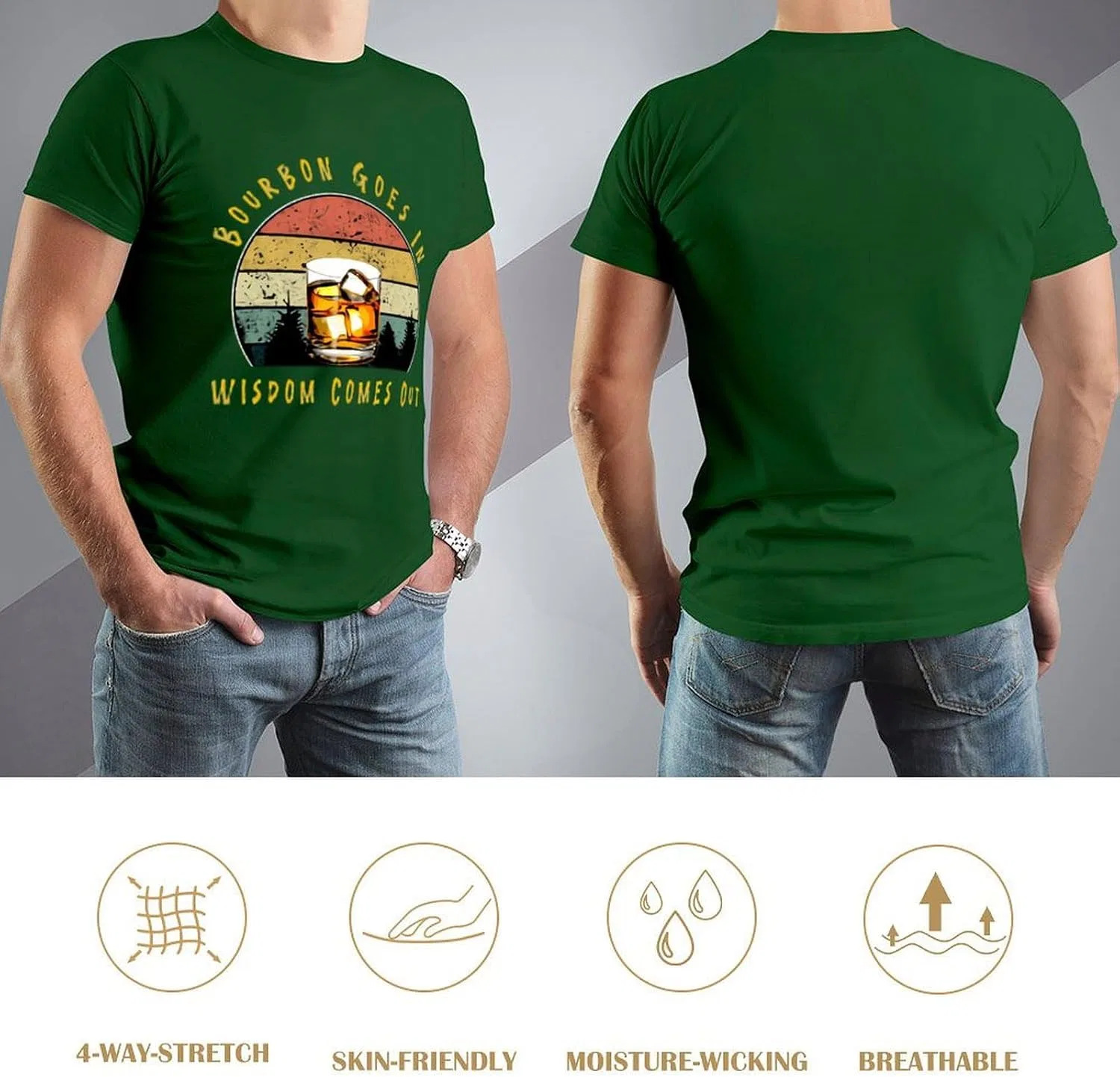 Мужская классическая футболка с принтом Bourbon Goes in Wisdom Comes Out, Green — фото 4
