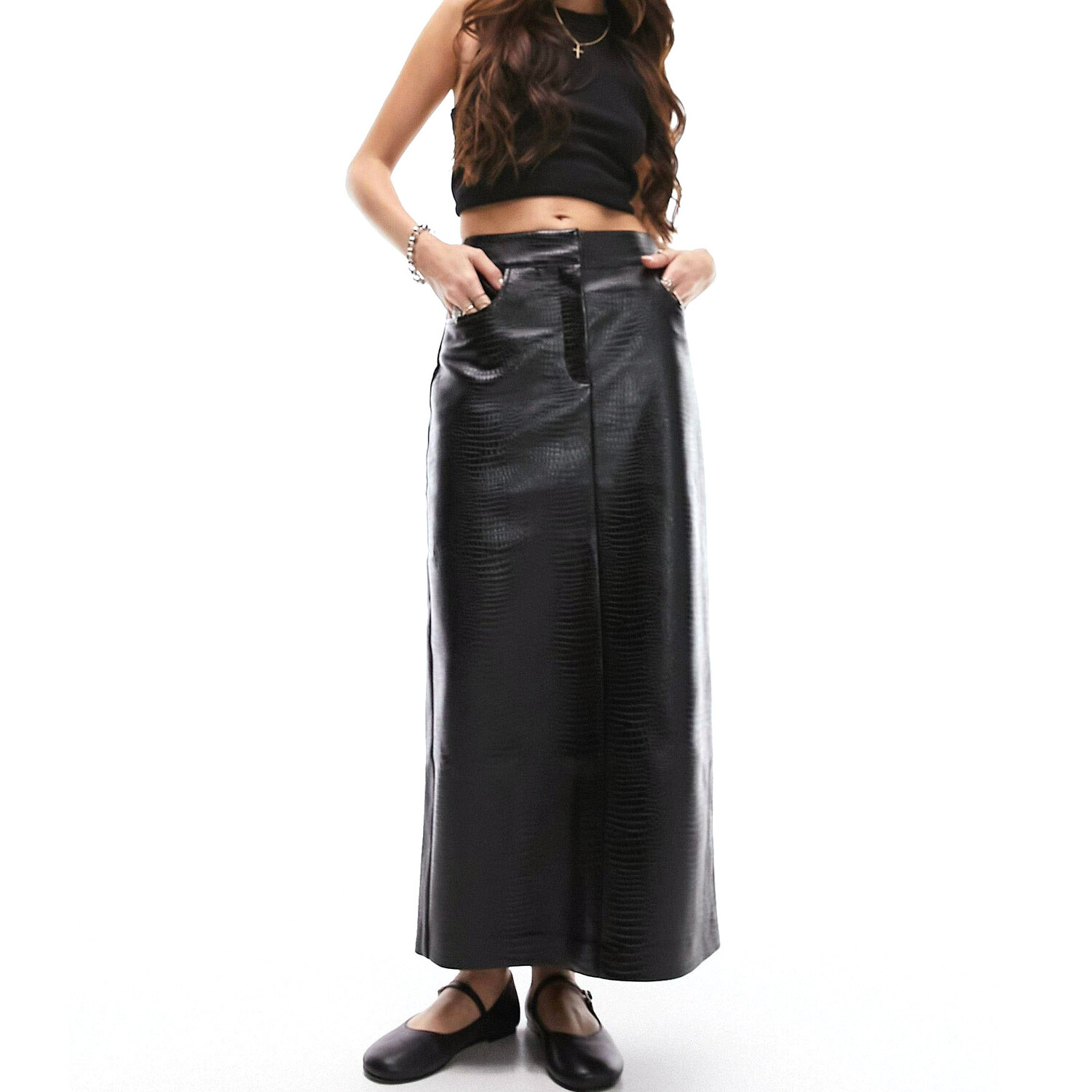 

Юбка Topshop Leather Look Midi, черный
