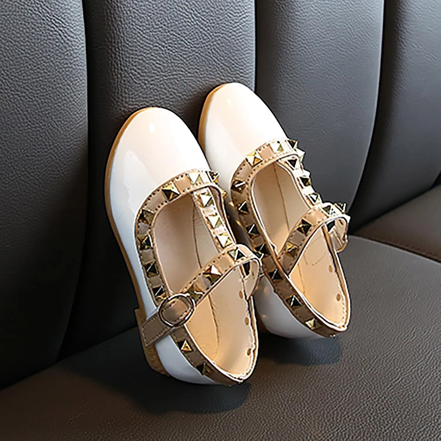 Детские туфли для девочек с блестками Mary Jane Flat Low Heel Princess Dress Shoes, White — фото 3