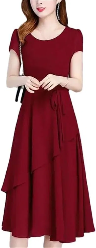 Женское шифоновое платье А-силуэта O-neck, Burgundy
