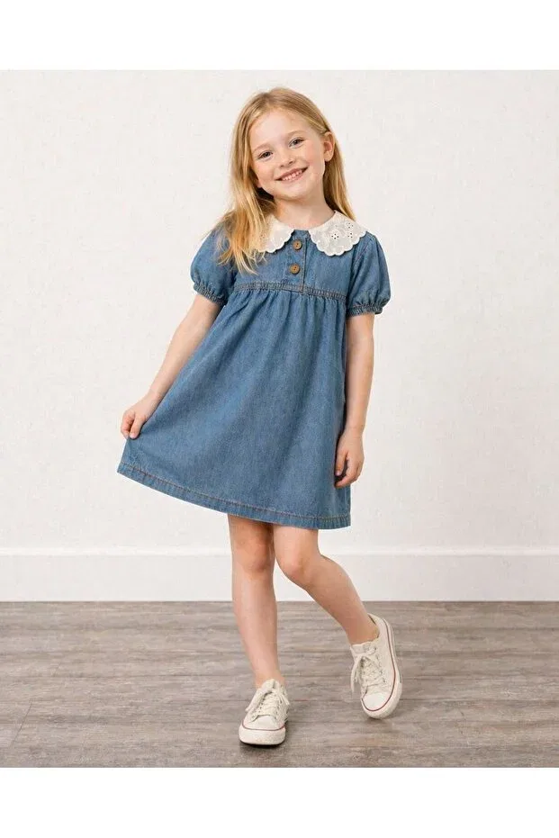 Детское платье для девочек джинсовое с кружевным воротником Yigit Butik, Blue