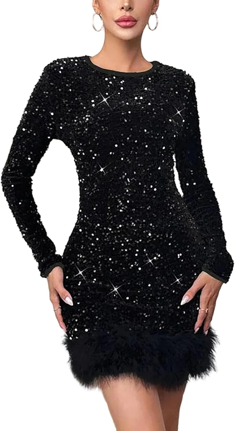 Женское блестящее облегающее мини-платье с меховой отделкой, Long Sleeve, Black