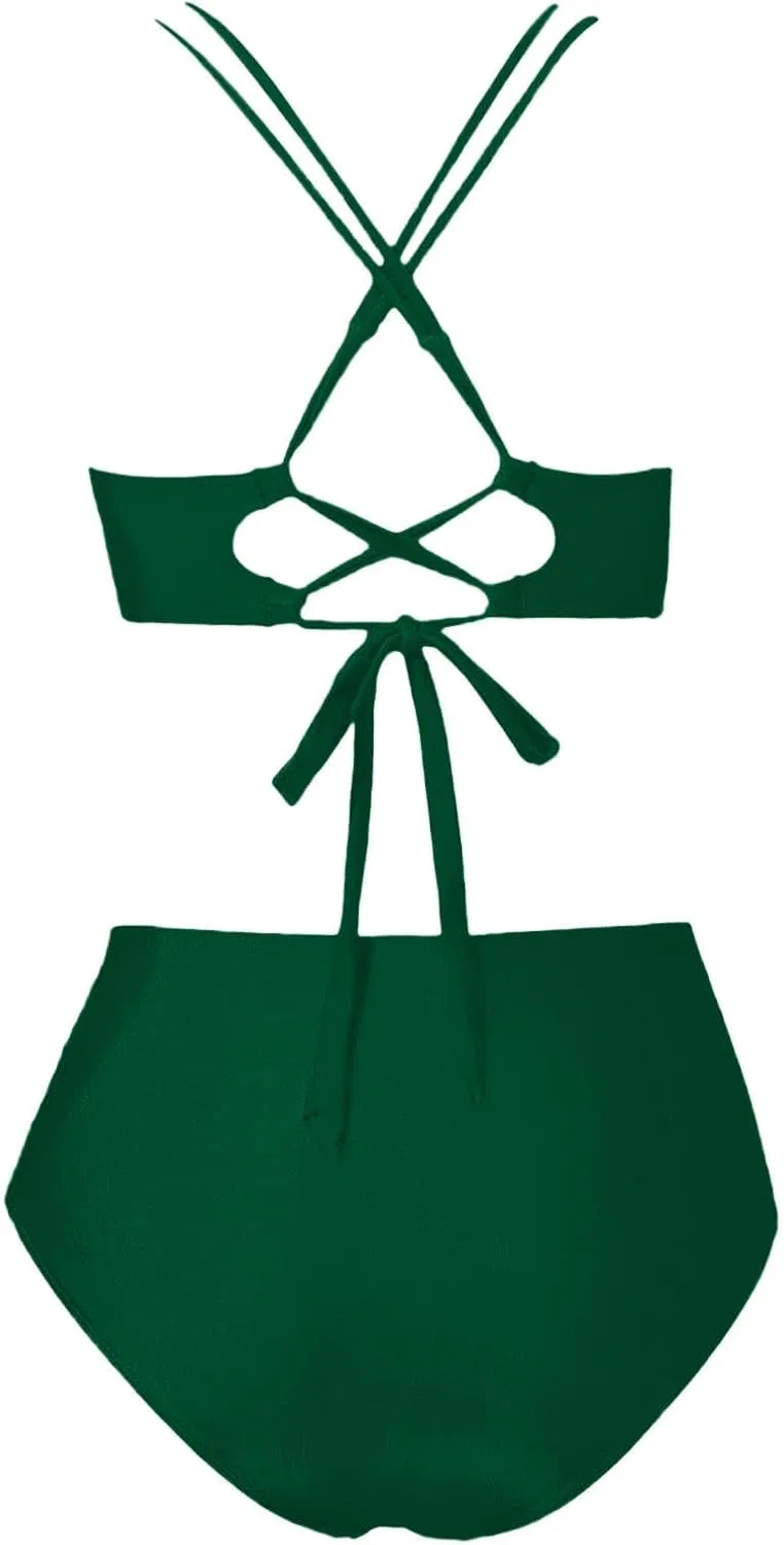 Женский бикини-комплект с высокой талией для контроля живота, Solid Color, Army Green — фото 4