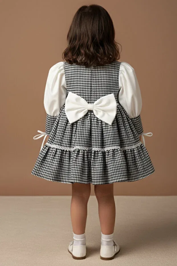 Детское платье для девочек с принтом Houndstooth patterned crepe evening dress baby girl black and white dress Bertuğ Bebek, Siyaz Beyaz — фото 3