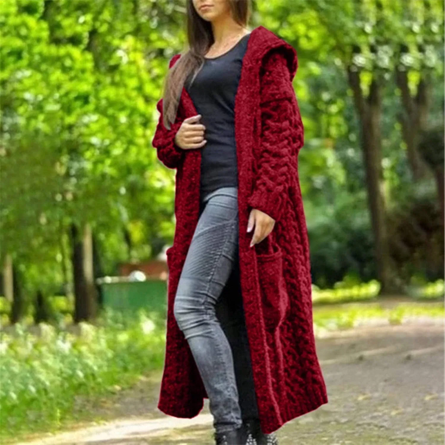 Женский кардиган с капюшоном из вязаного трикотажа, красный — фото 3