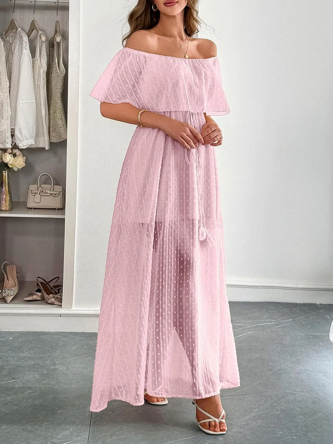 Женское летнее платье шифоновое A-силуэта с разрезом, Pink — фото 4